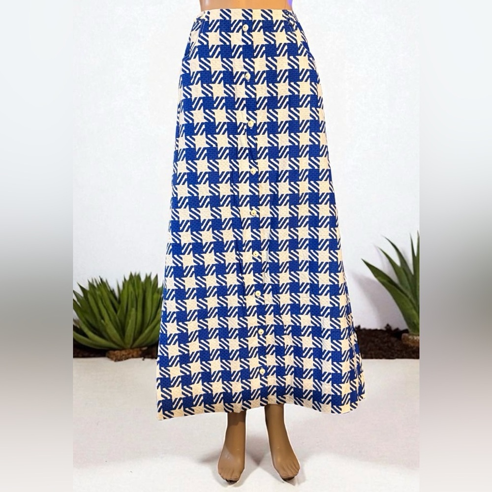 VTG Loomtogs Maxi Skirt Tribal Geometric Print White & Blue Pockets button down